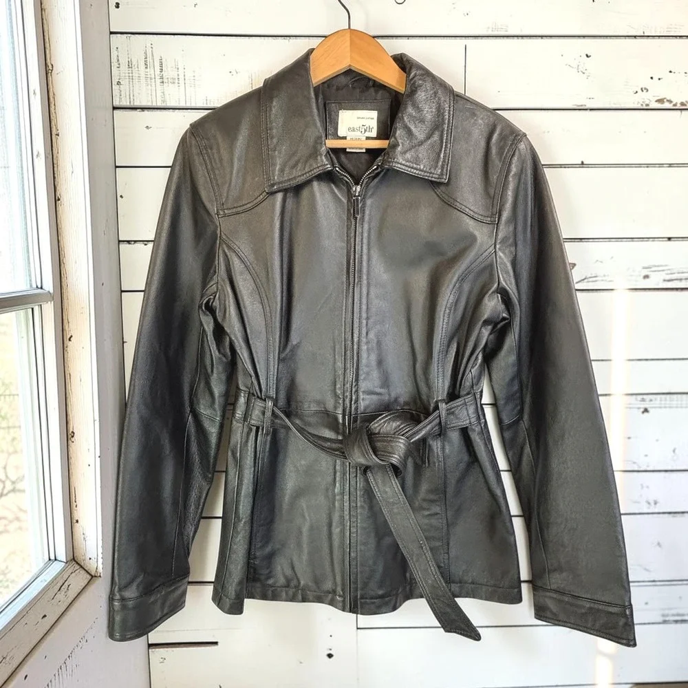 Vintage Black Leather Jacket East 5th M Belted Zip-Up Minimalist 90s Moto Fitted